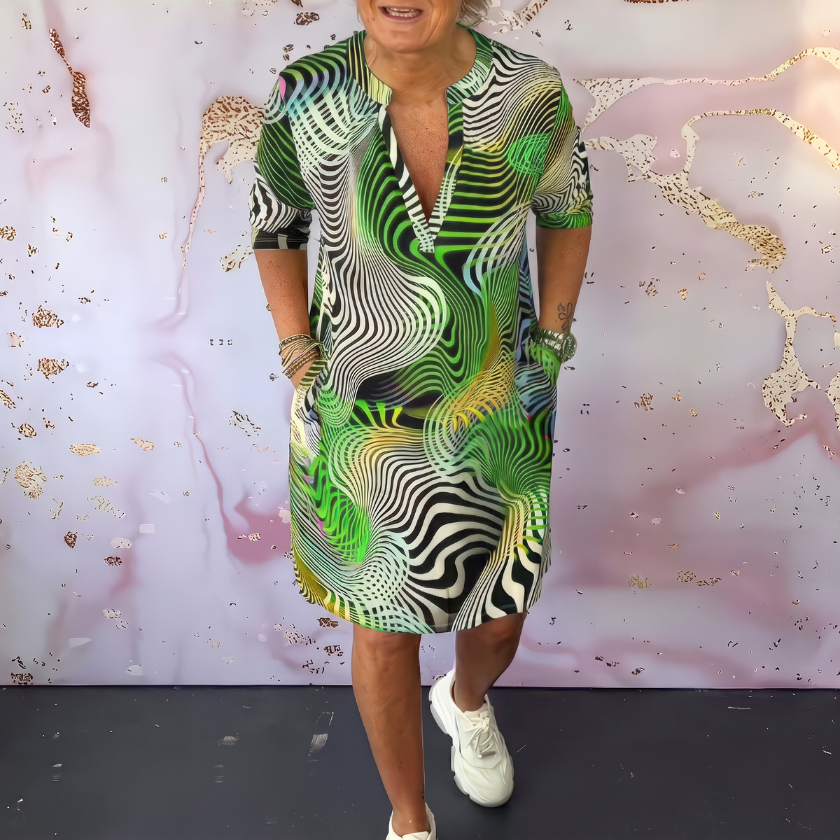 LUNABELLE COLOURFUL V-NECK DRESS