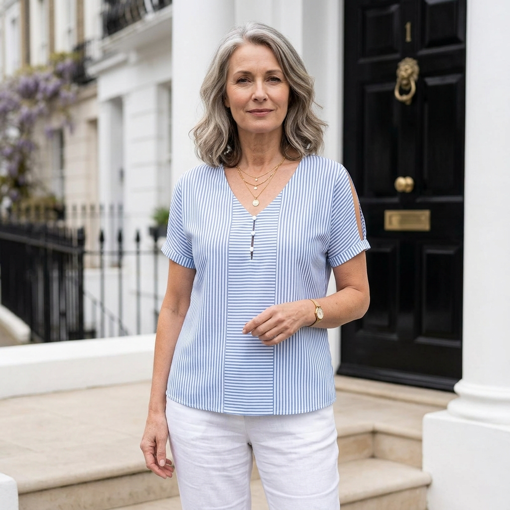 MEREHAVEN SPLIT-SLEEVE STRIPE BLOUSE