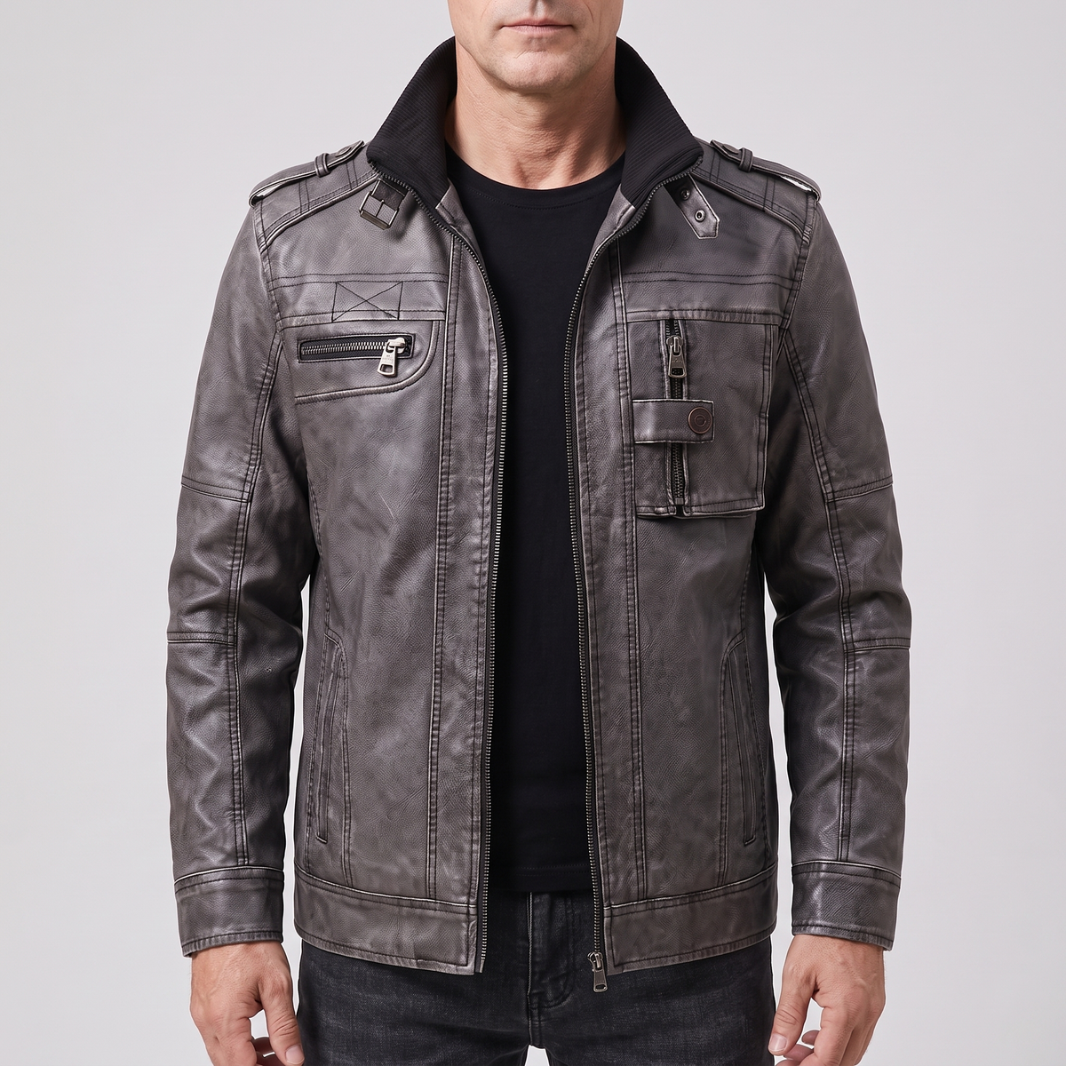MULTI POCKET LEATHER BIKER JACKET