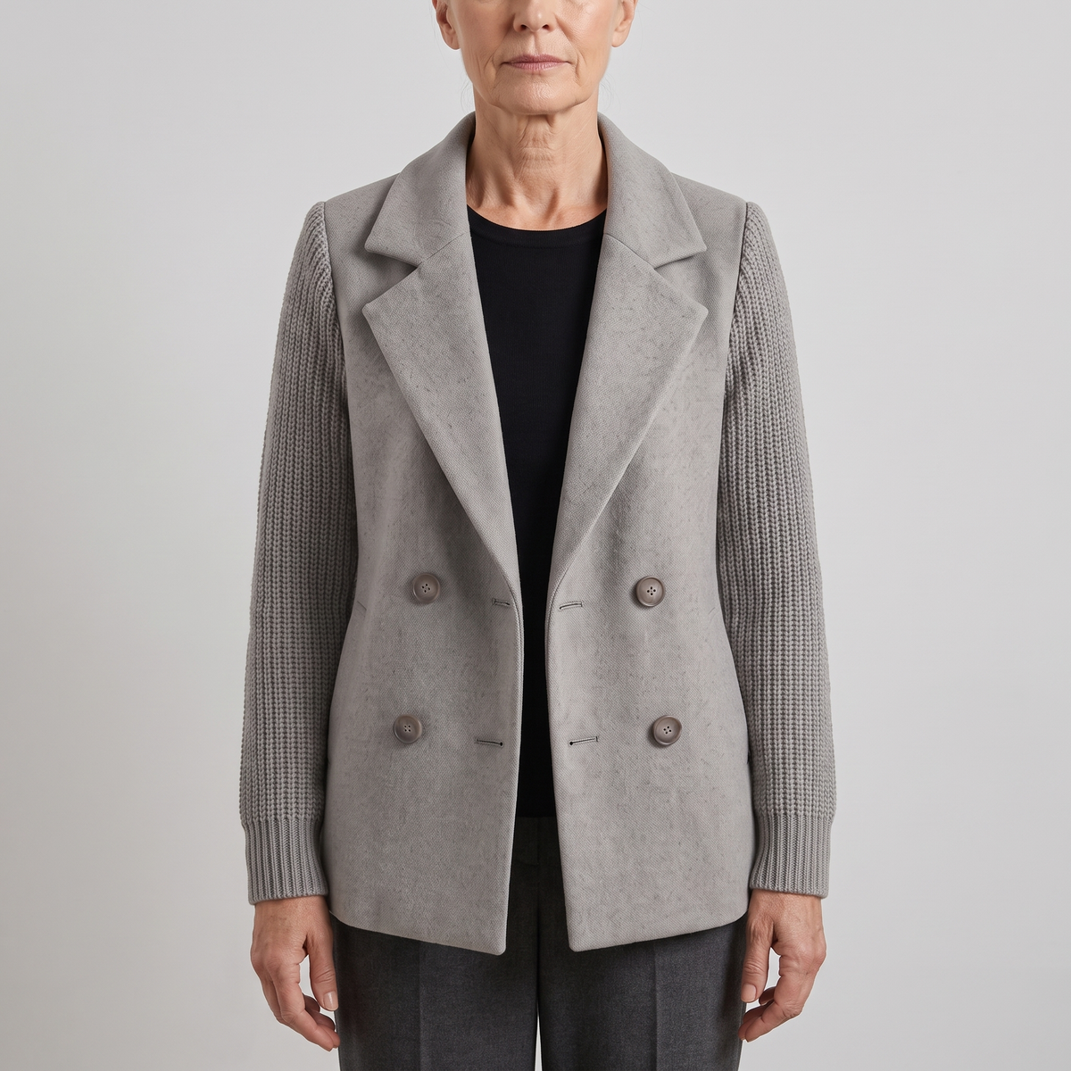 DOUBLE BREASTED KNIT SLEEVE BLAZER