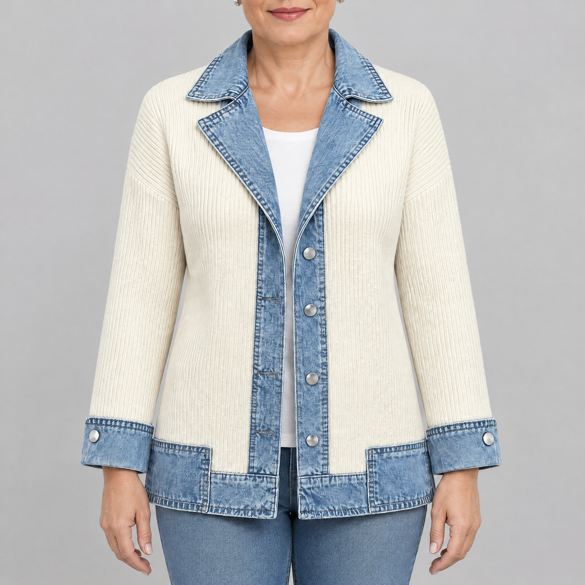 DENIM TRIM RIBBED BLAZER