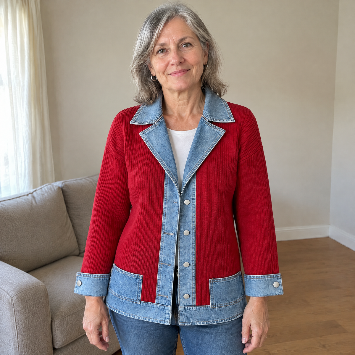 DENIM TRIM RIBBED BLAZER