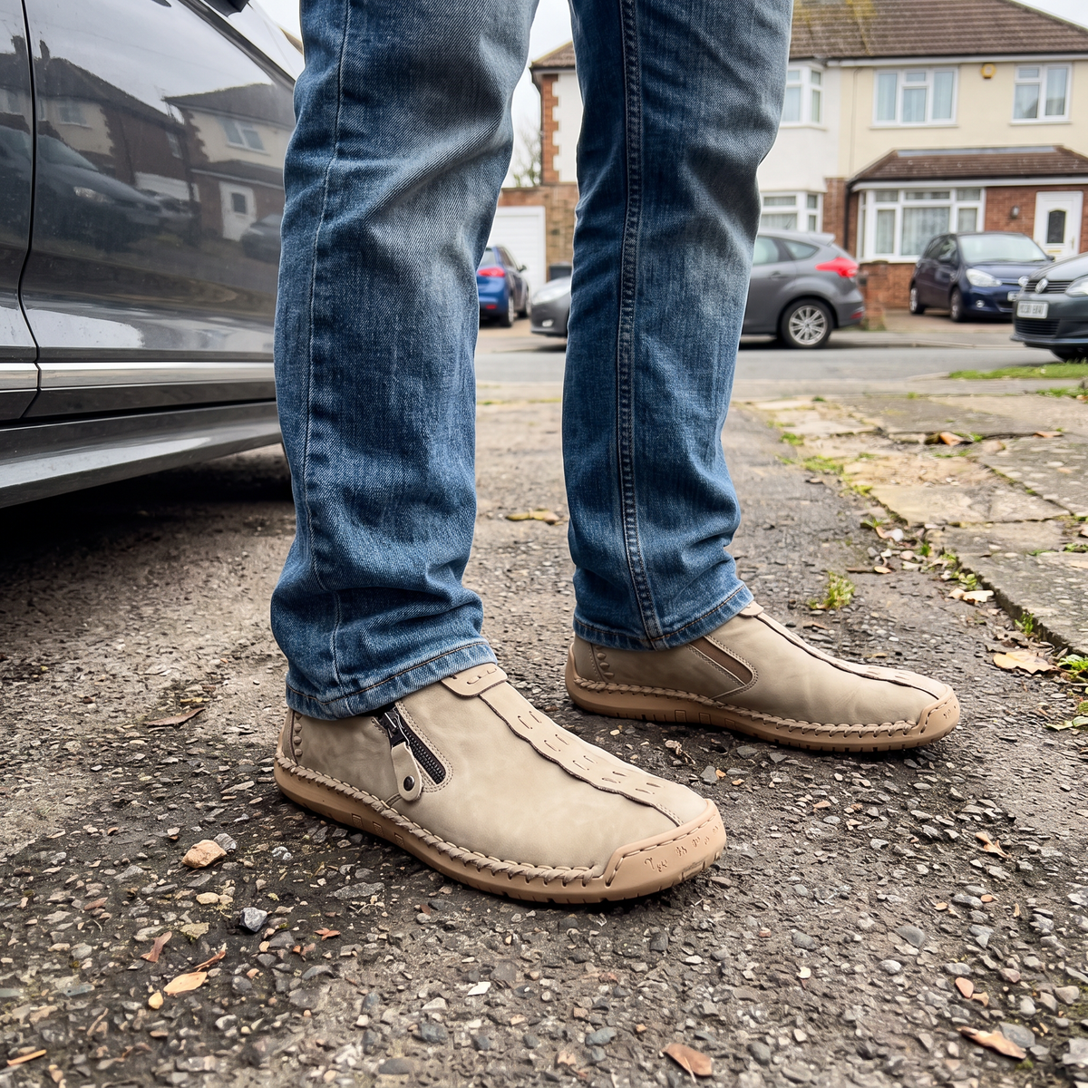 STITCHED LEATHER LOOK SLIP-ONS
