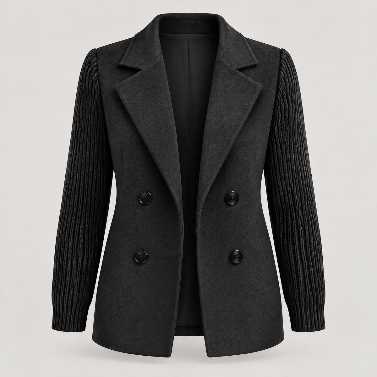 KNIT SLEEVE DOUBLE BREASTED BLAZER