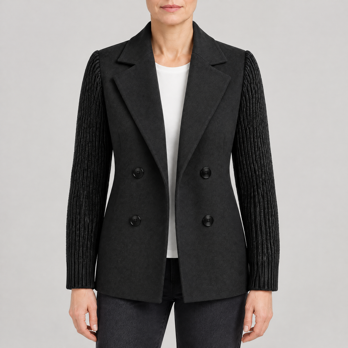 KNIT SLEEVE DOUBLE BREASTED BLAZER