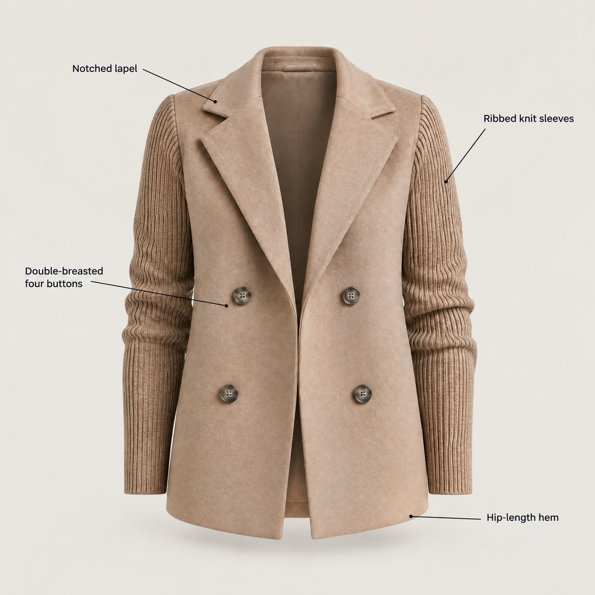 KNIT SLEEVE DOUBLE BREASTED BLAZER