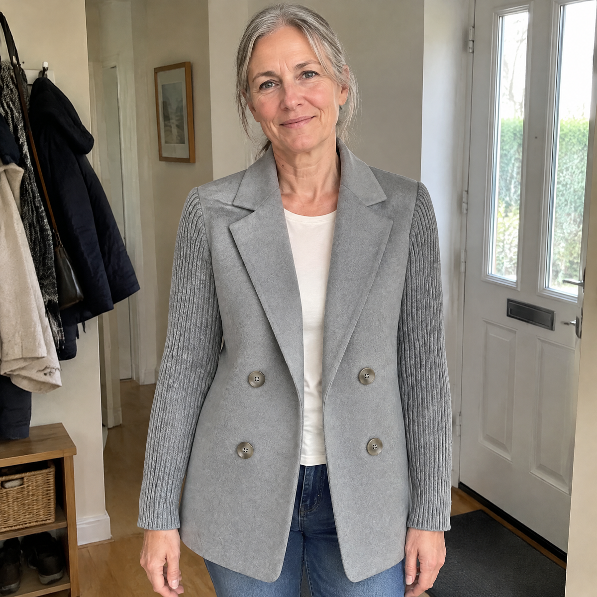KNIT SLEEVE DOUBLE BREASTED BLAZER