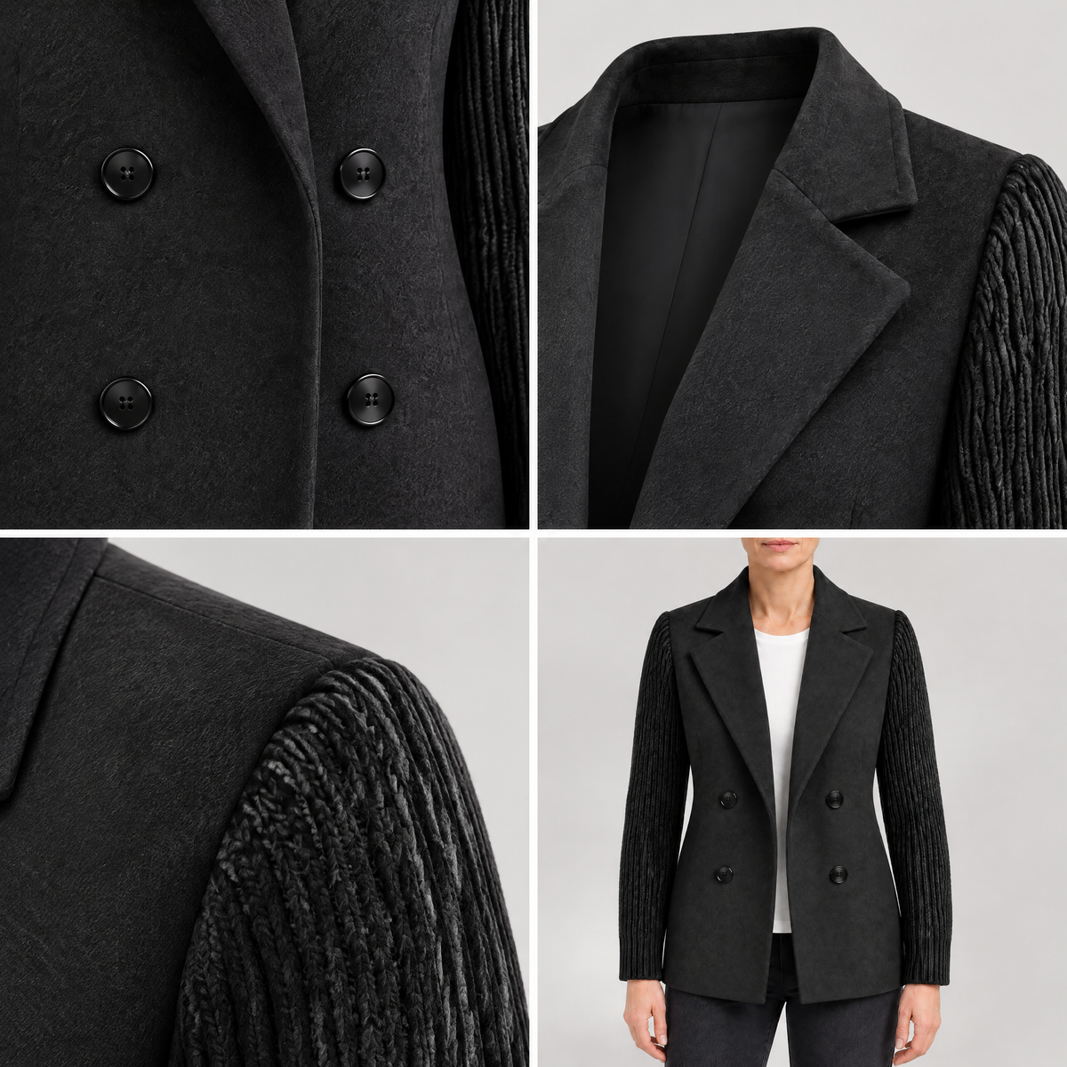 KNIT SLEEVE DOUBLE BREASTED BLAZER