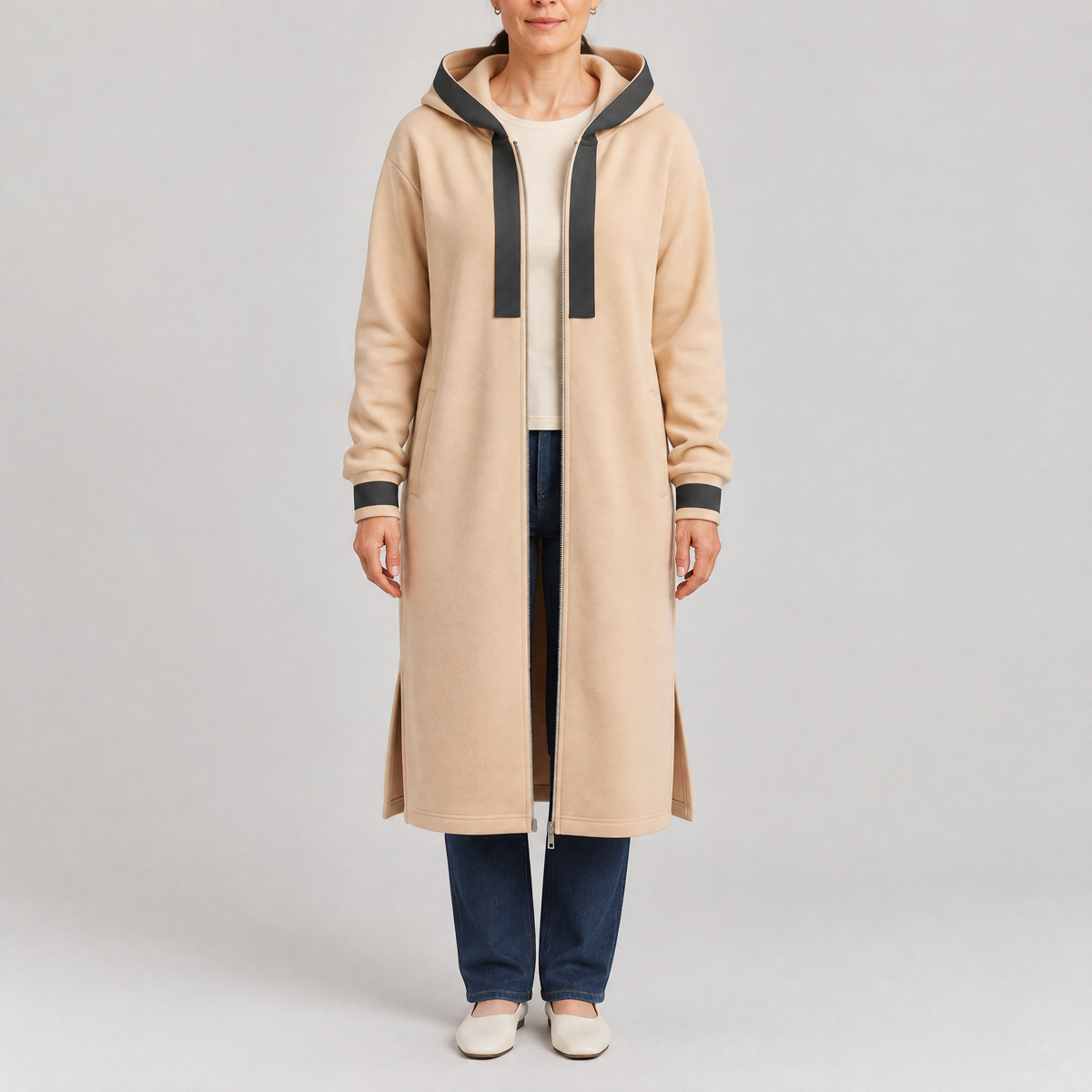 LONGLINE ZIP HOODED CARDIGAN