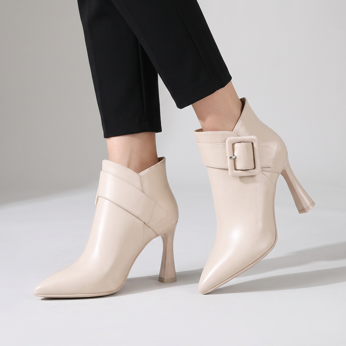 BUCKLE STRAP POINTED ANKLE BOOTS