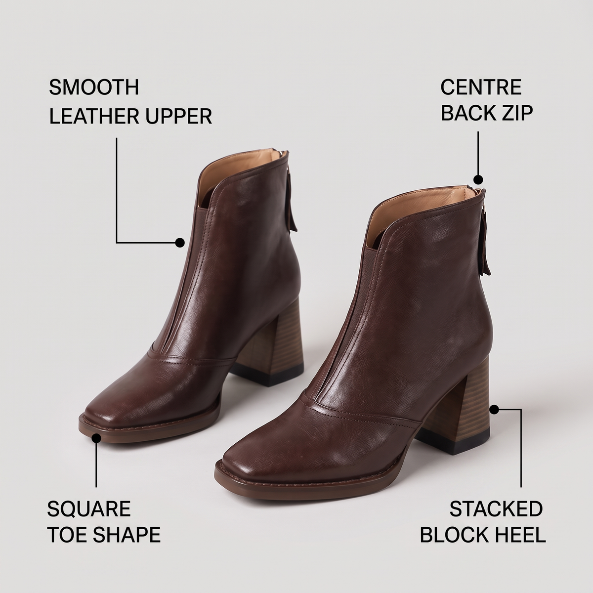 FRONT ZIP BLOCK HEEL BOOTS