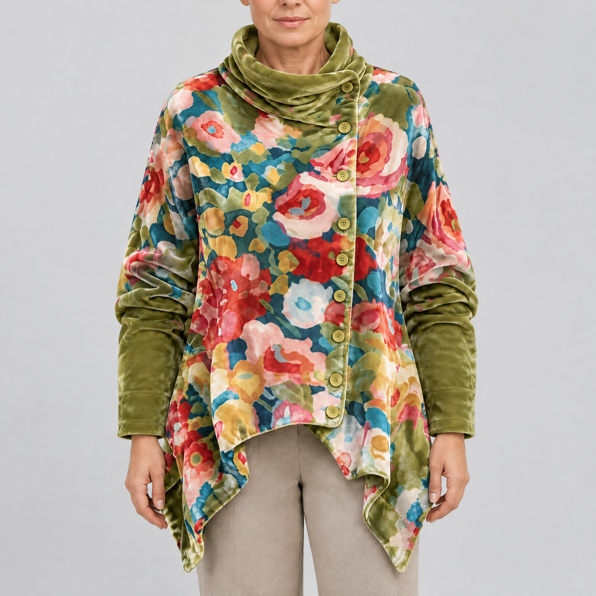 FLORAL DRAPE FUNNEL CARDIGAN