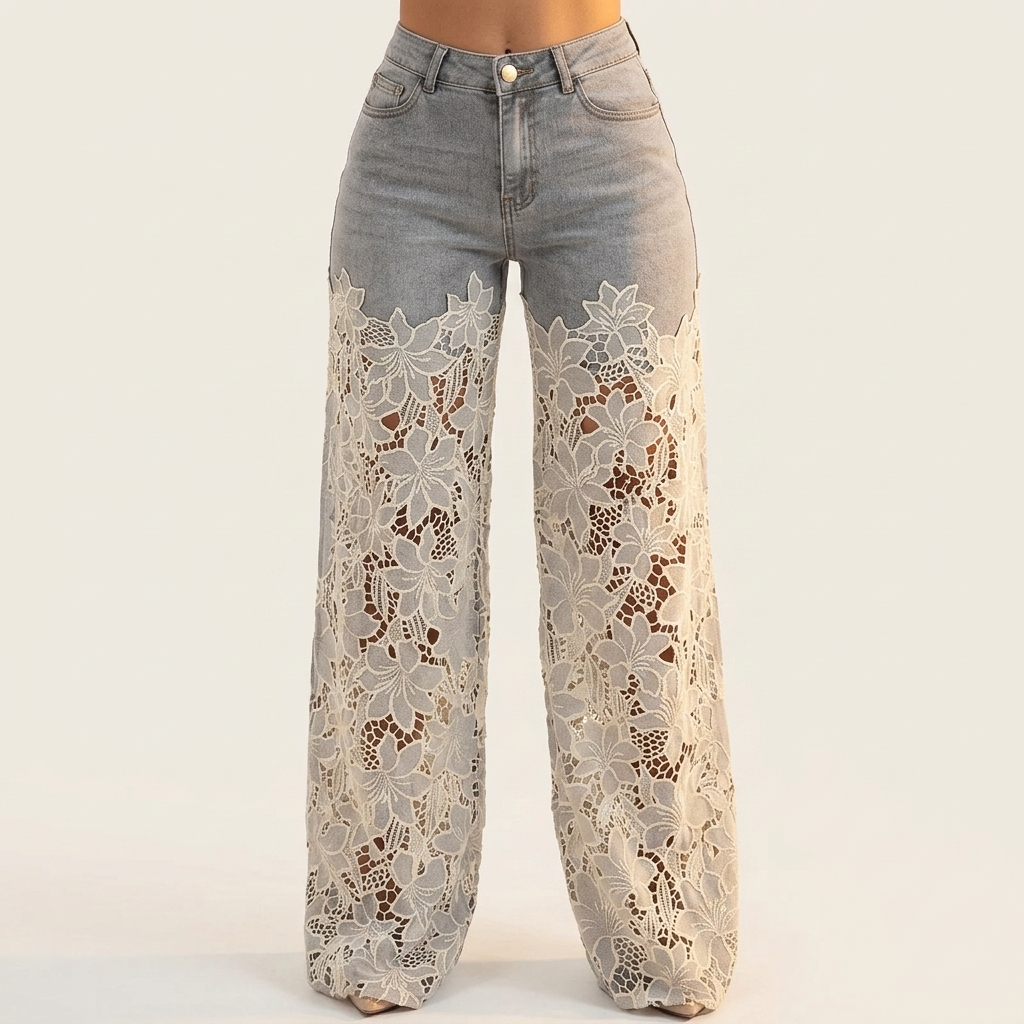 ALDERSLEY LACE-PANEL PATCHWORK JEANS