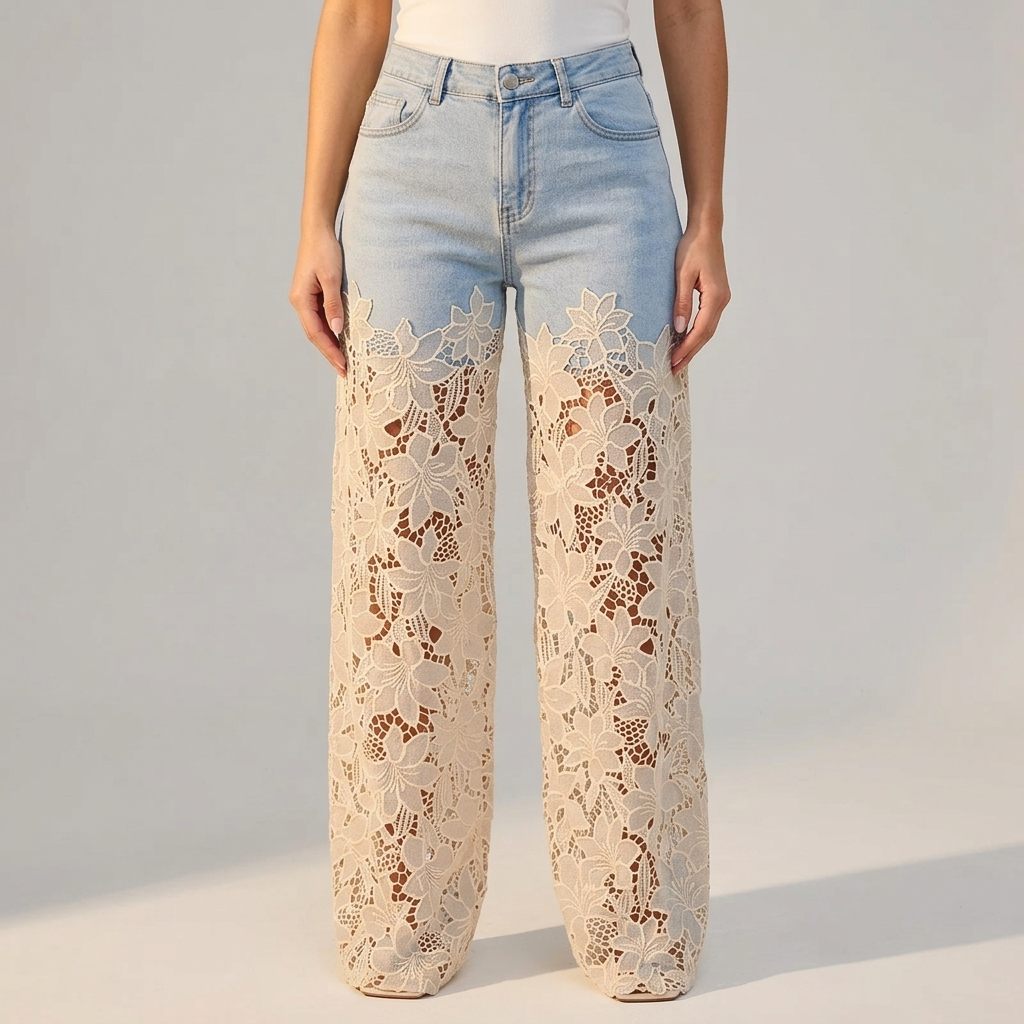 ALDERSLEY LACE-PANEL PATCHWORK JEANS