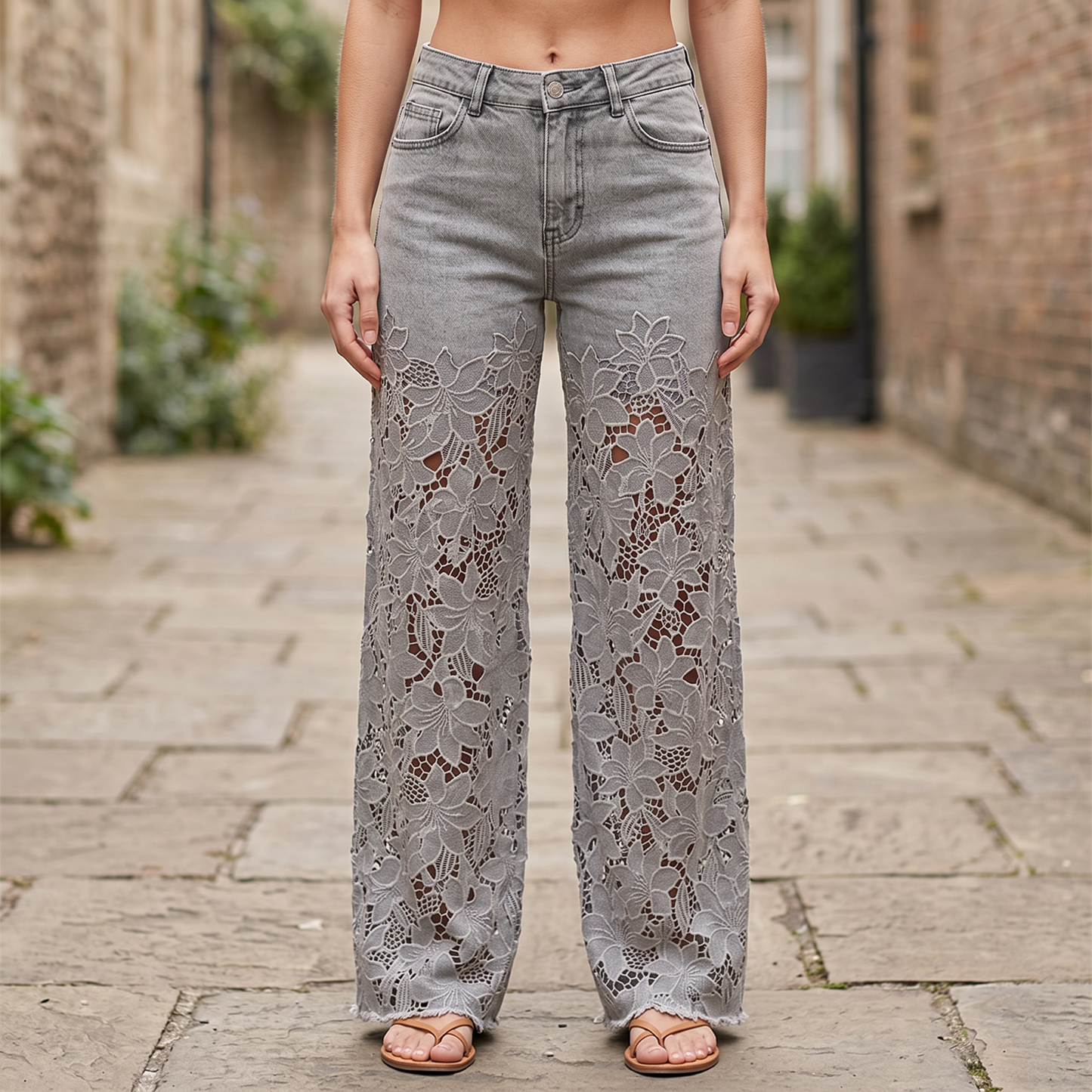 ALDERSLEY LACE-PANEL PATCHWORK JEANS