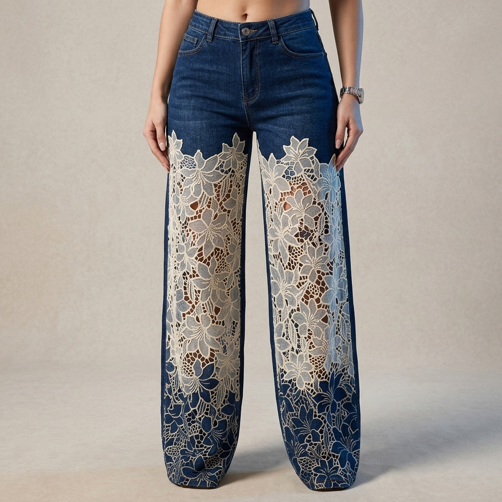 ALDERSLEY LACE-PANEL PATCHWORK JEANS