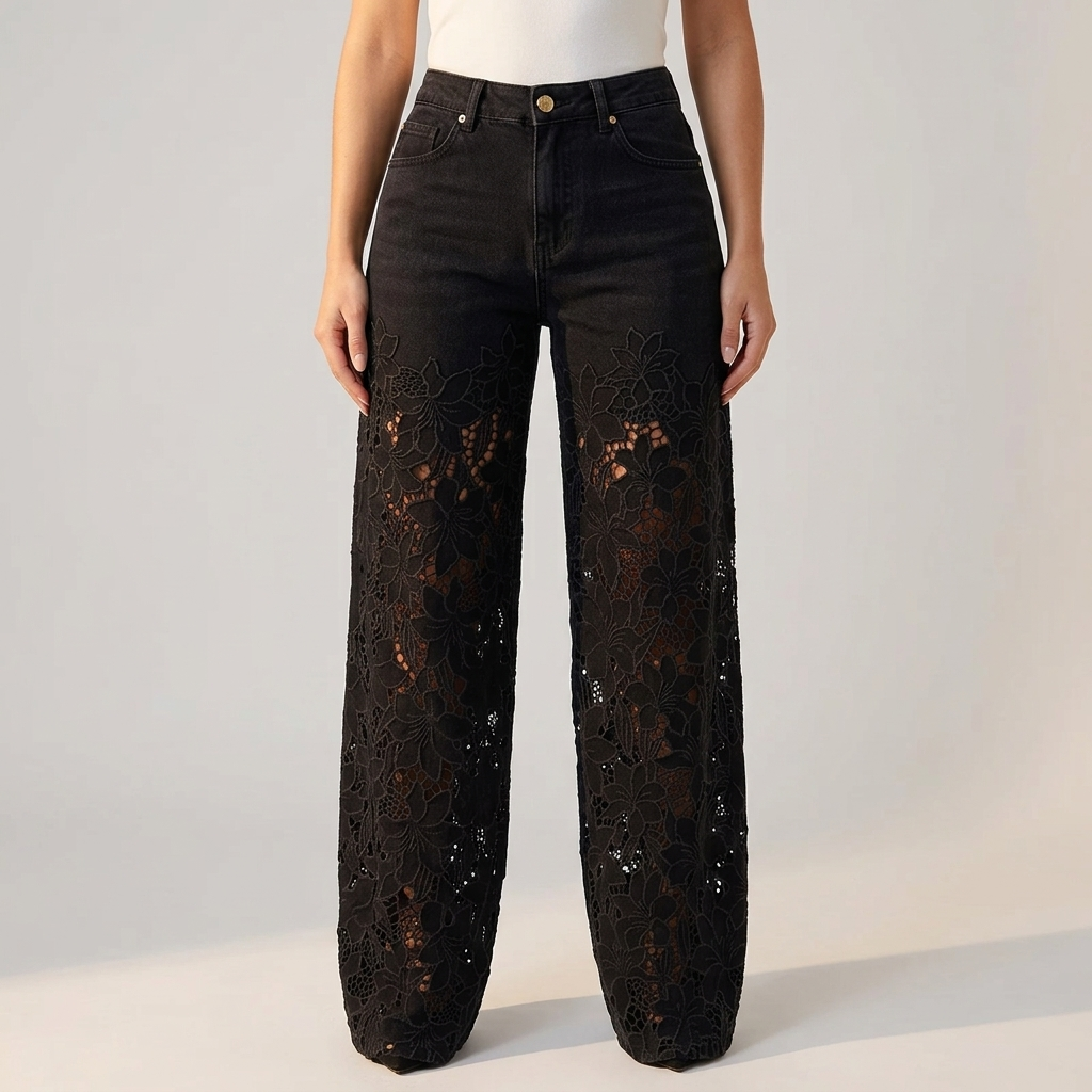 ALDERSLEY LACE-PANEL PATCHWORK JEANS