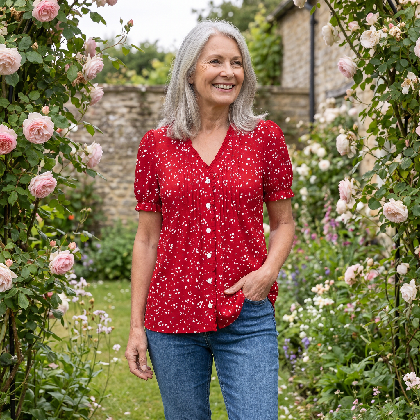 AVELWYN SPOT-PRINT V-NECK BLOUSE