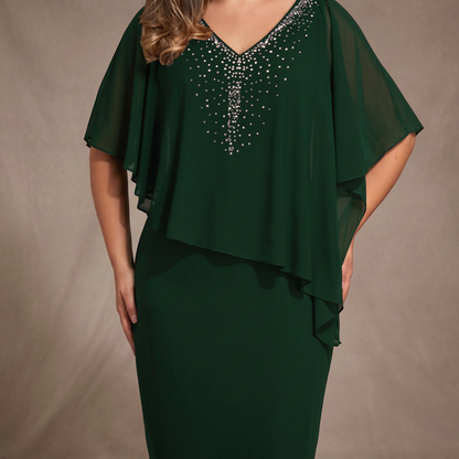 CLARAVINE RHINESTONE CAPE MIDI DRESS