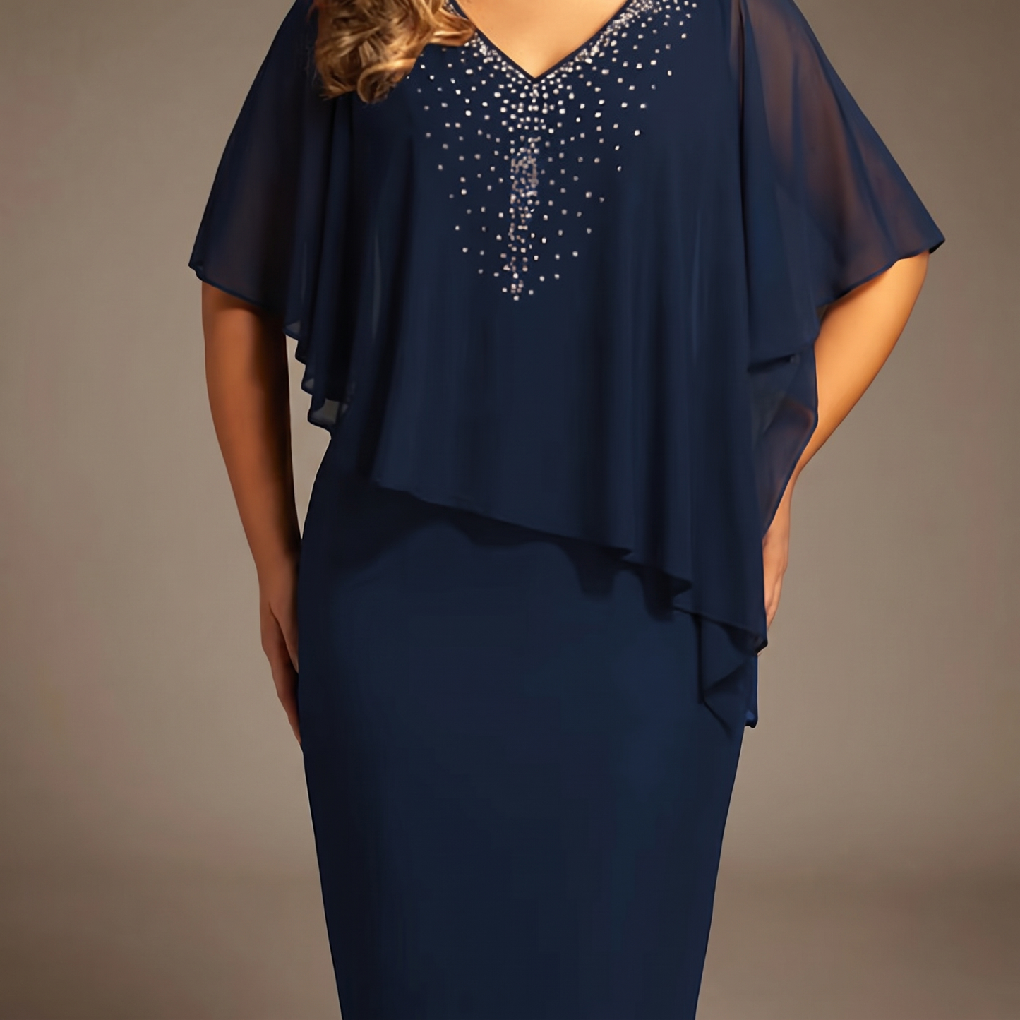 CLARAVINE RHINESTONE CAPE MIDI DRESS