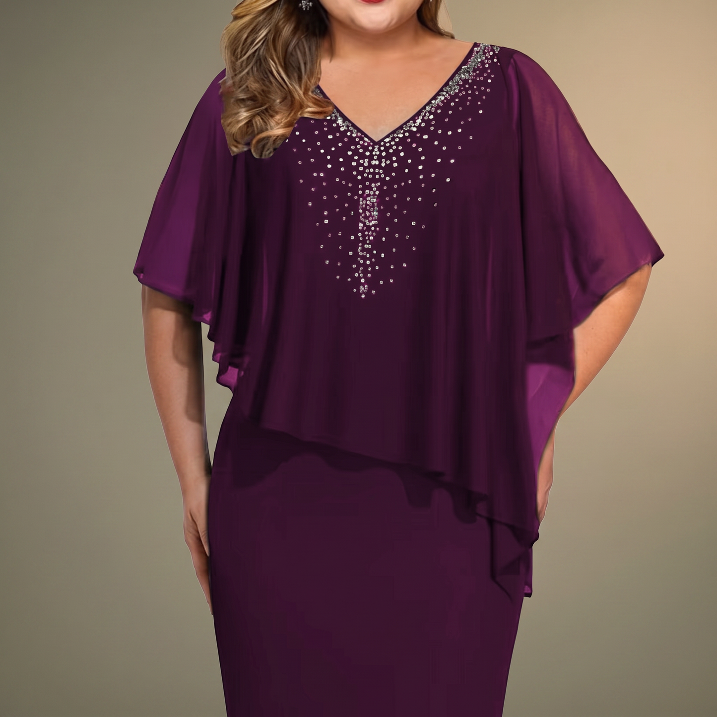CLARAVINE RHINESTONE CAPE MIDI DRESS