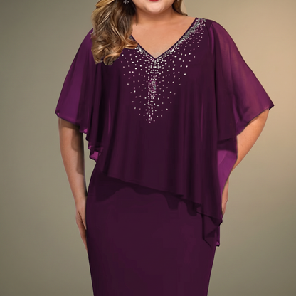 CLARAVINE RHINESTONE CAPE MIDI DRESS