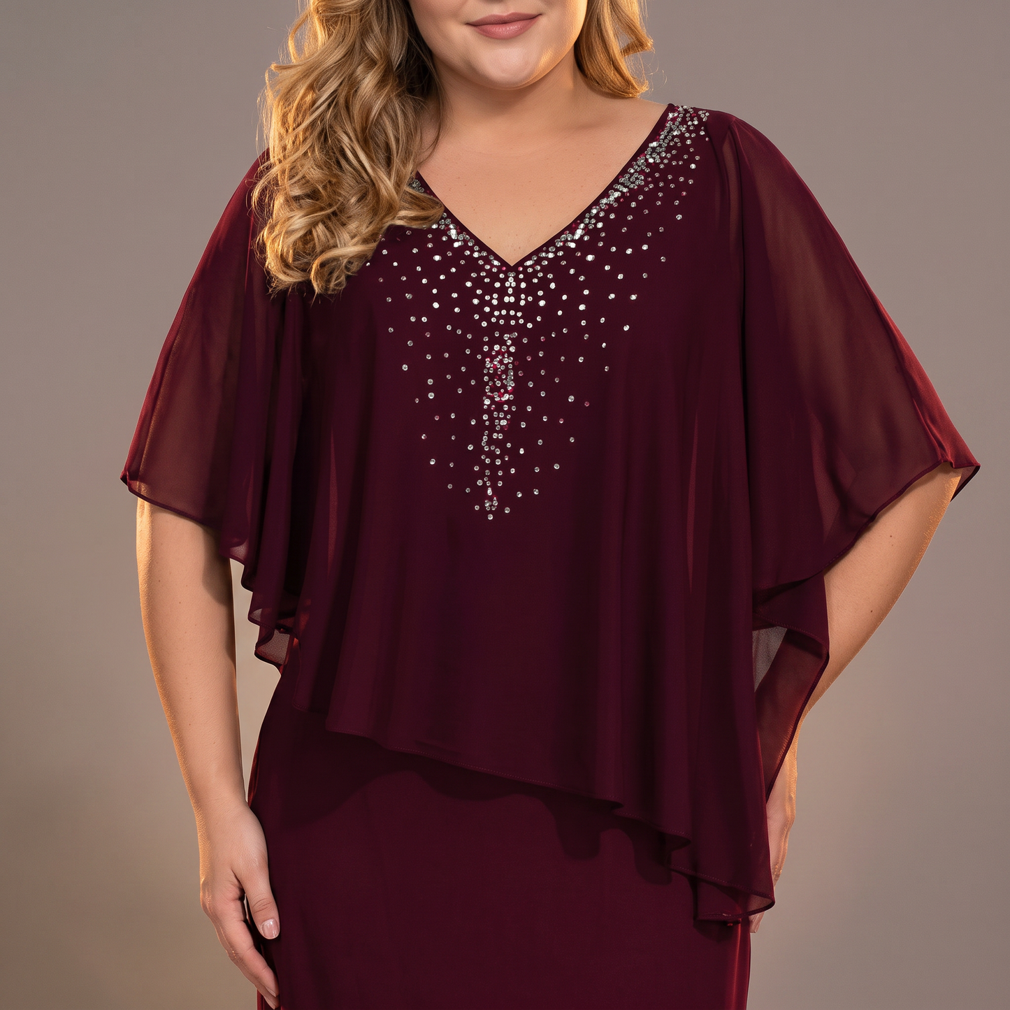 CLARAVINE RHINESTONE CAPE MIDI DRESS