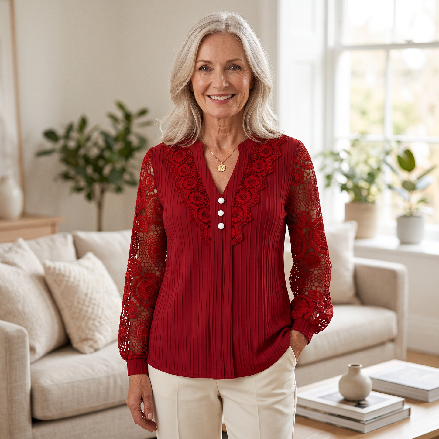 PRIMLEIGH LACE-PANEL V-NECK BLOUSE