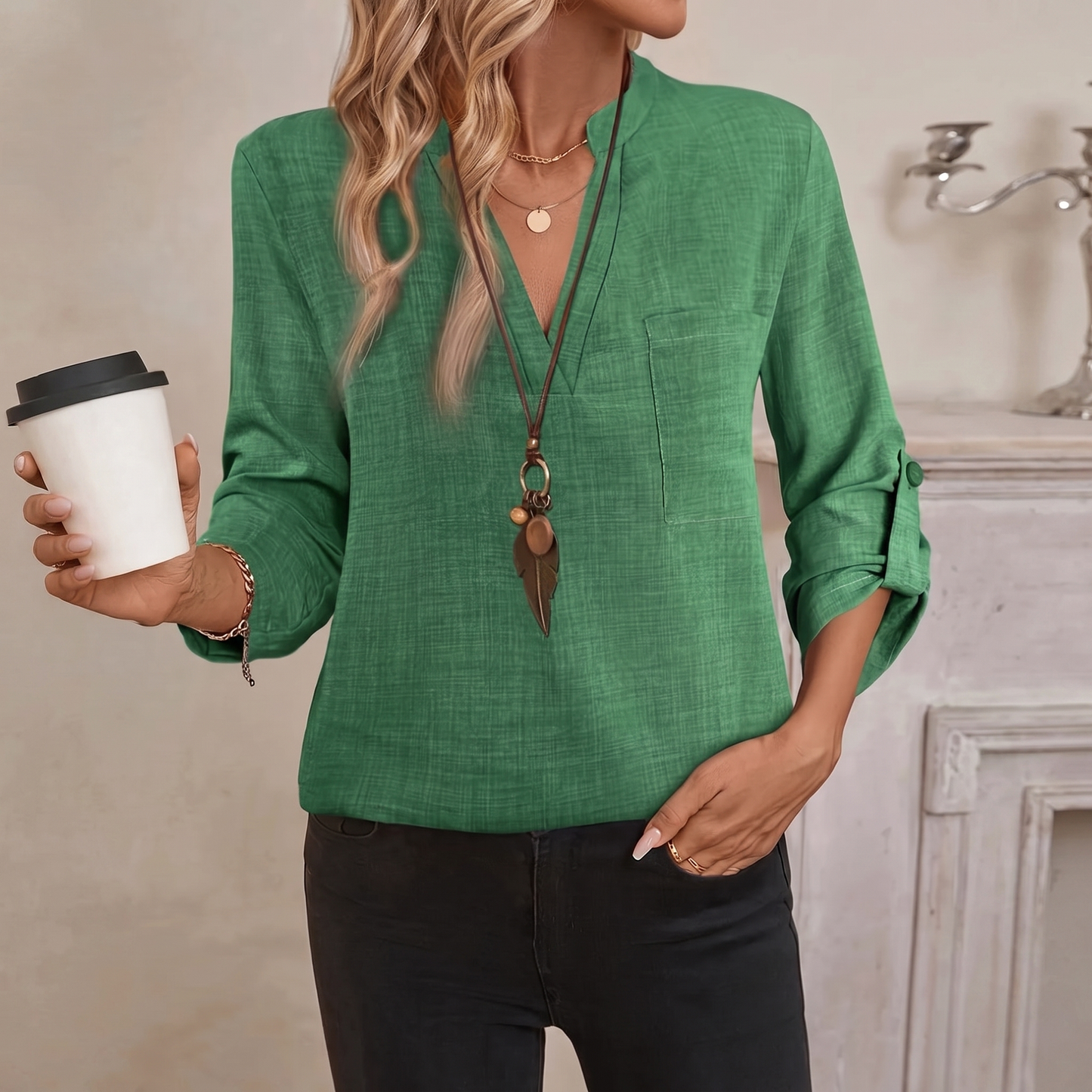 MARLEIGH ROLL-TAB SLEEVE BLOUSE