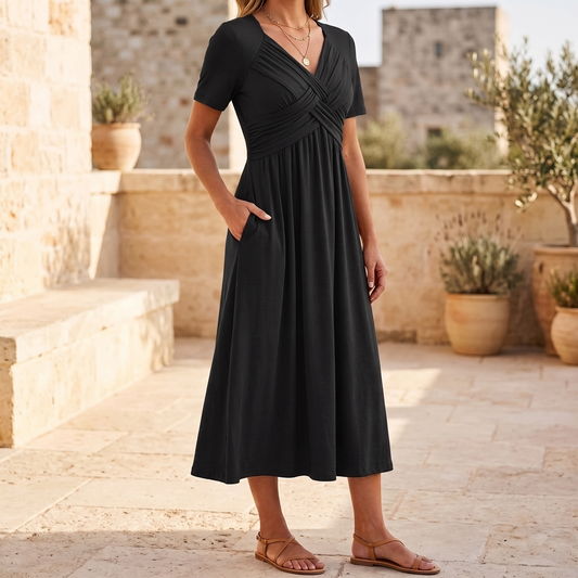 MARABELLE CROSSOVER POCKET MIDI DRESS