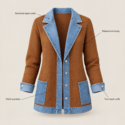 DENIM TRIM RIBBED BLAZER