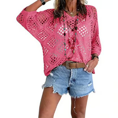 ELOWEN BEIGE CROCHET V-NECK TOP