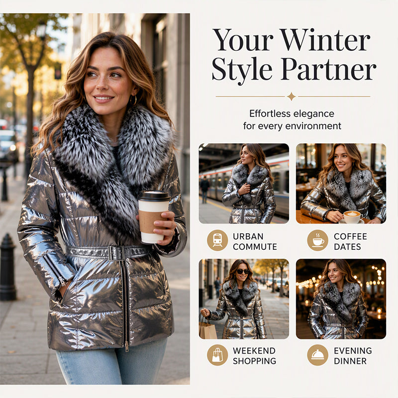METALLIC FUR COLLAR PUFFER JACKET