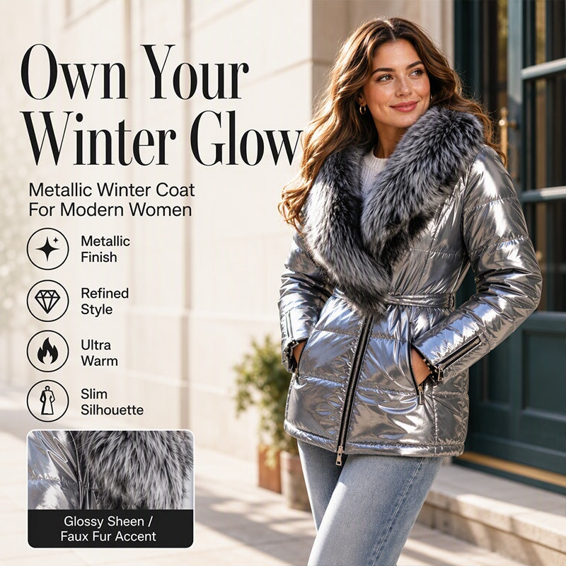 METALLIC FUR COLLAR PUFFER JACKET