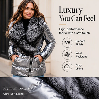 METALLIC FUR COLLAR PUFFER JACKET