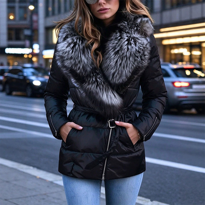 METALLIC FUR COLLAR PUFFER JACKET