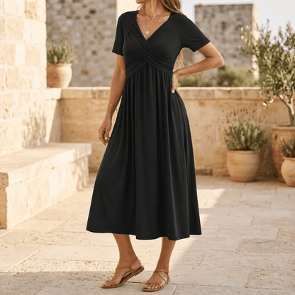 MARABELLE CROSSOVER POCKET MIDI DRESS