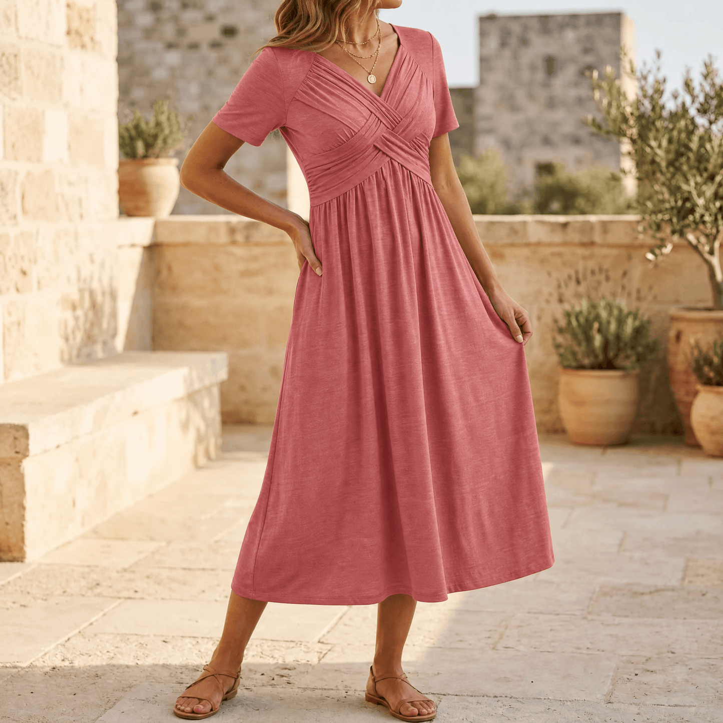 MARABELLE CROSSOVER POCKET MIDI DRESS