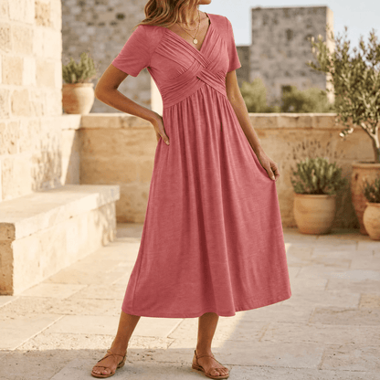 MARABELLE CROSSOVER POCKET MIDI DRESS