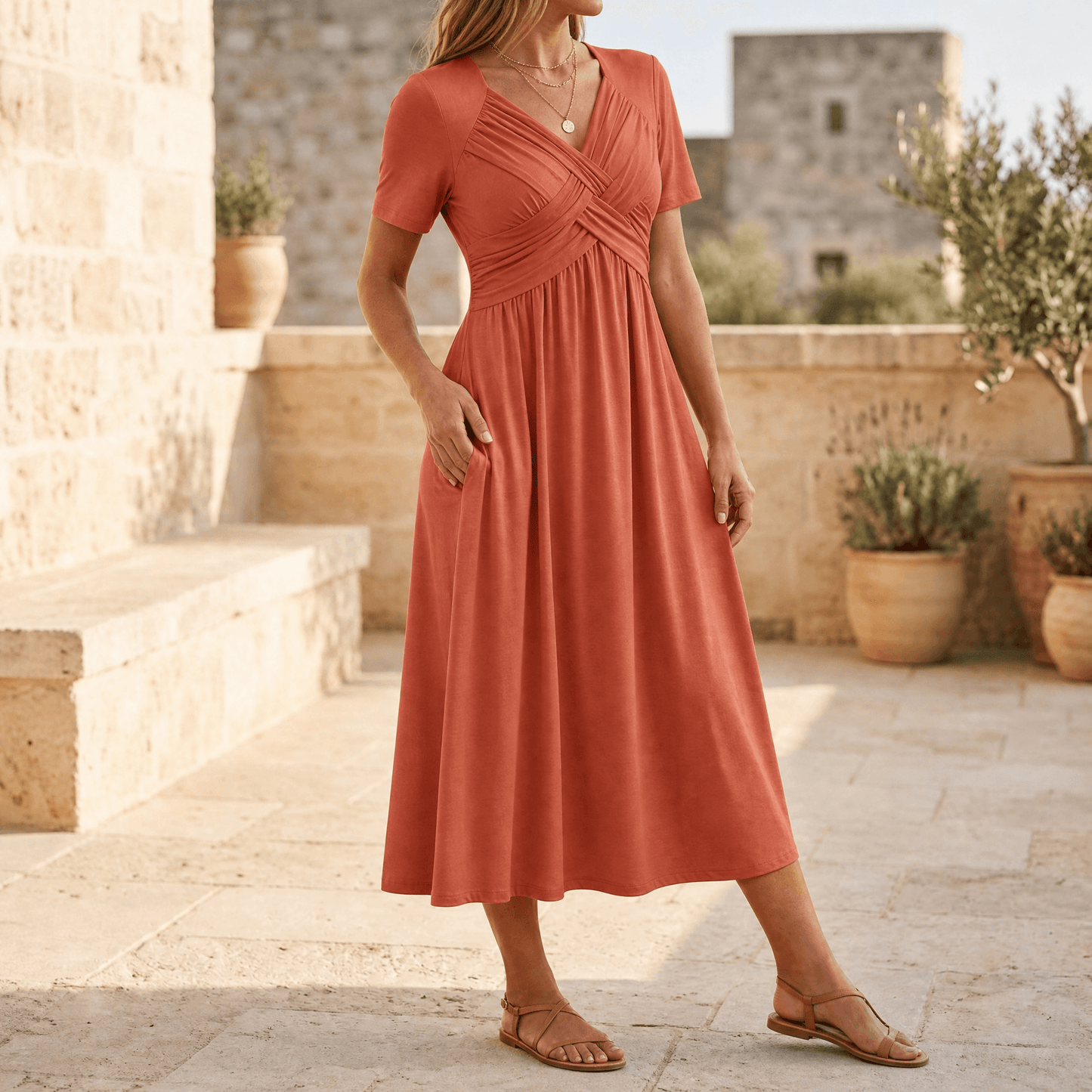 MARABELLE CROSSOVER POCKET MIDI DRESS